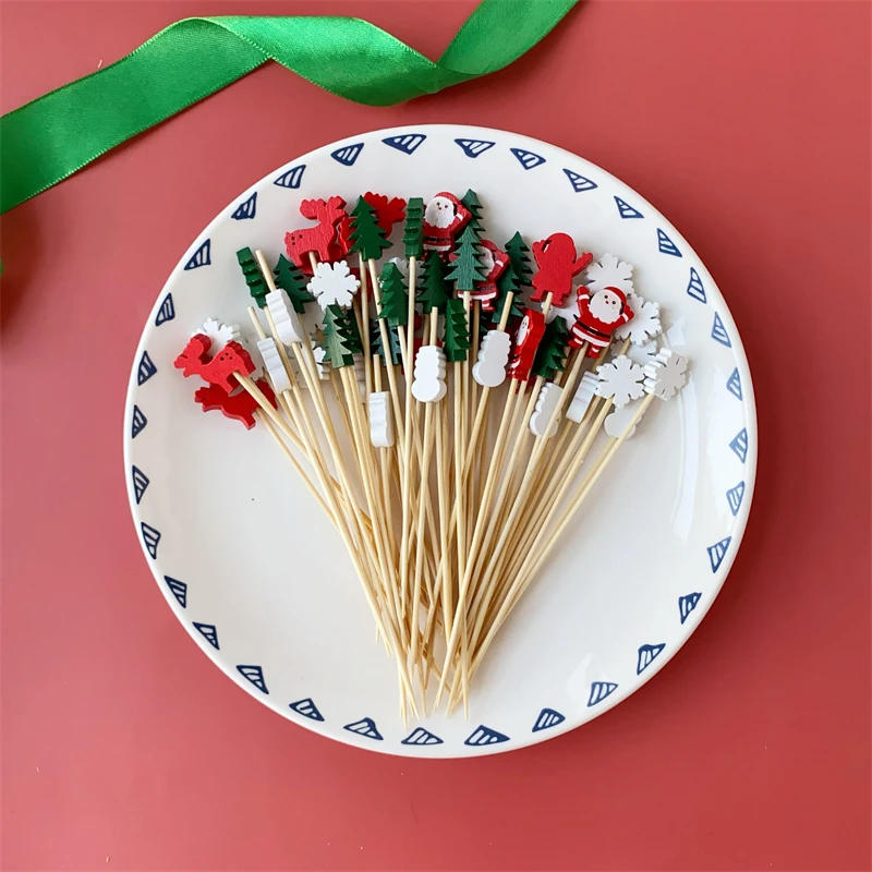 Description Picture 5 of item100Pcs Christmas Bamboo Skewer Cocktail Picks Cupcake Topper Disposable Buffet Dessert Toothpicks Fruit Fork Xmas Party Supplies