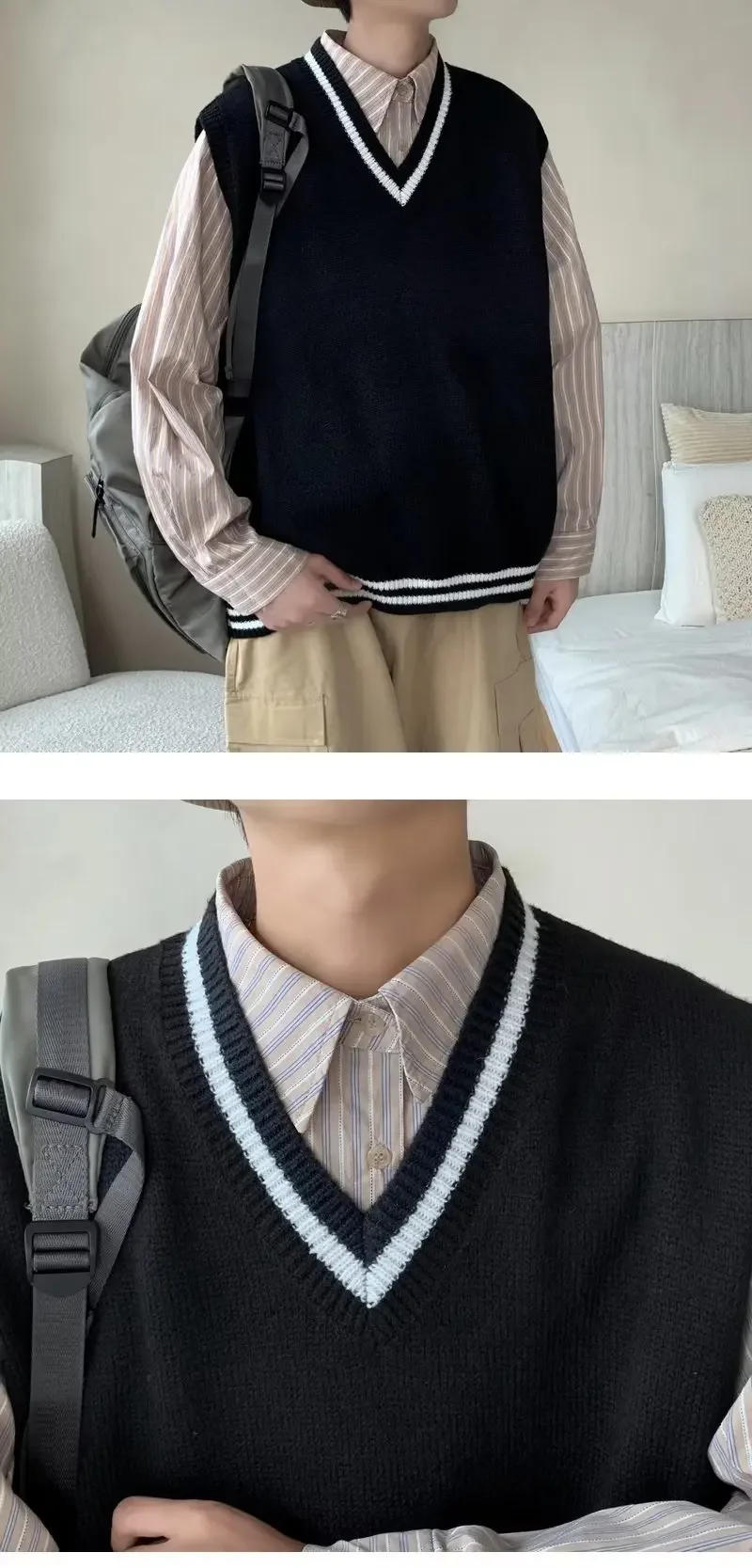 Description Picture 3 of itemTrendy V-neckvestsweater Men's Autumn New Style Preppy Loose Fit Couple Model Shoulder Vest Knitted Top Casual Scene