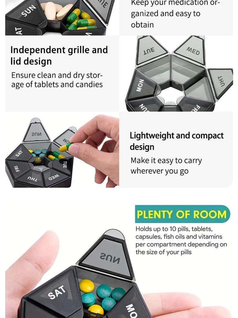 Description Picture 6 of item2Pcs 7 Days Pill Storage Box Mini Travel Portable Medicines Dispenser Box Multifunction Plastic Seven Compartment Sealer Box