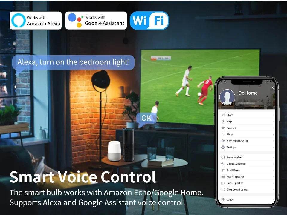 Description Picture 4 of item1/2/3PCS WiFi Smart Light Bulbs E27 12W Dimmable Timer Function LED Light Bulb DoHome Voice Control Support Alexa Google Home