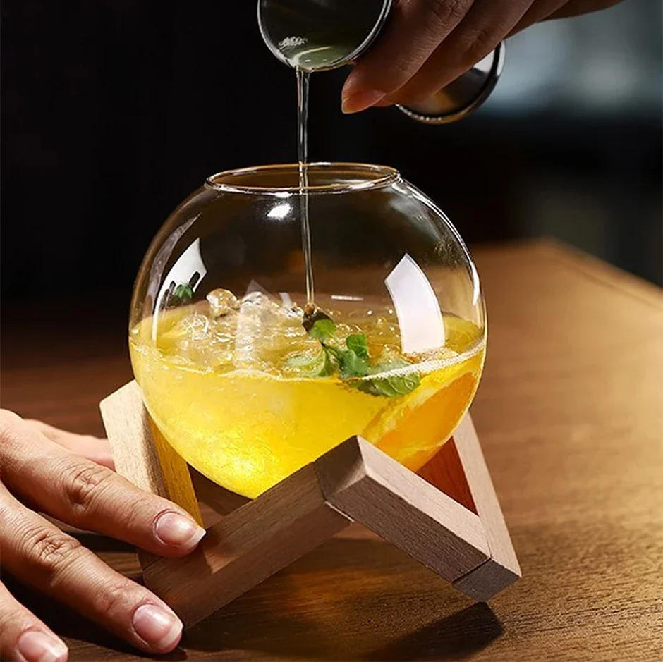 Description Picture 4 of itemCocktail Glass Cup With Wood Stand Creative Bar Glassware Drink Cup Ronud Ball Cocktail Mug Smoothie Fruit Moon Juice Tumbler