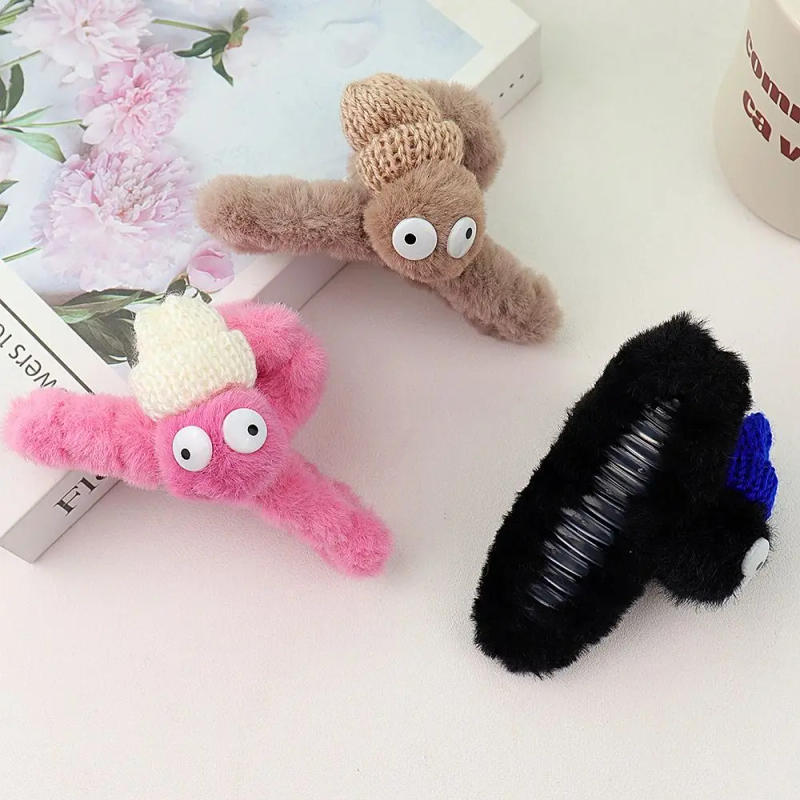 Description Picture 6 of itemKorean Style Cartoon Plush Hair Claw Hair Clip Plush Ball Wear Beanie Big Eye Hair Clip Hairpin Hair Accessories
