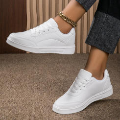 2024 Women's Shoes Trendy Faux Leather Flat Heighten Skate Shoes, Wear Resistance Non Slip Lace Up Sneakers