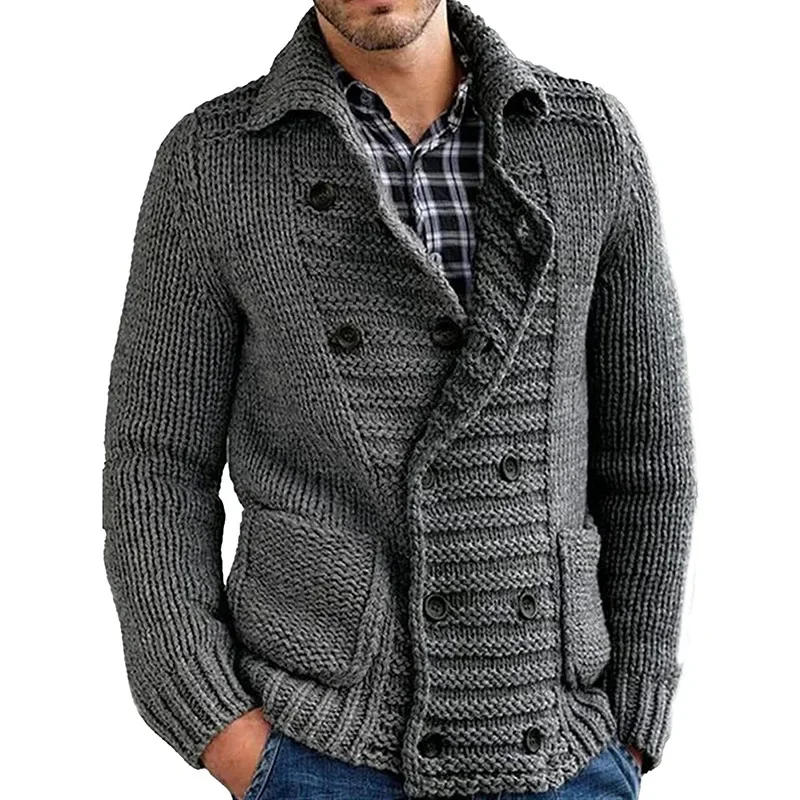 Description Picture 4 of itemAutumn and Winter  Mens Sweater Cardigan Solid Color Lapel Long-sleeved Knitted Coat New Mens Wear
