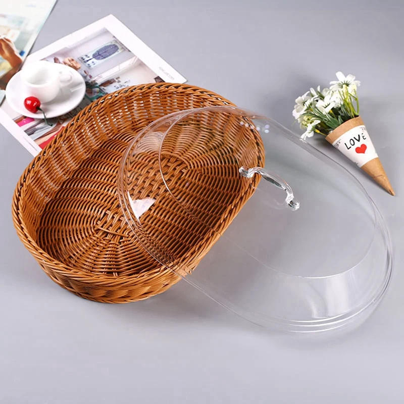Description Picture 2 of itemWoven Rattan Basket Bread Basket with Acrylic Lid Tabletop Food Serving Basket Woven Fruit Basket with Cover Imitation Rattan
