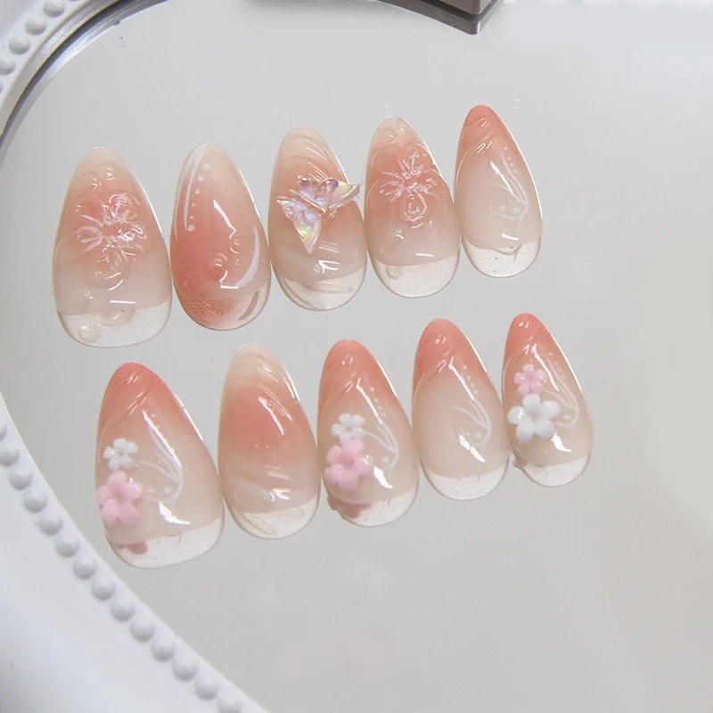 Description Picture 4 of item24Pcs Sweet Short Almond French False Nails with Glue 3D Wave Nail Pattern Floral Pink Blush Press on Acrylic Nail Manicure Tips