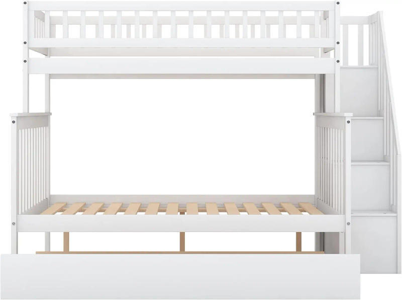 Description Picture 6 of itemBunk Bed Twin Over Full with Trundle Wood Bunk Bed Frame with Storage Staircase and Storage Shelves Teens No Spring Box Needed