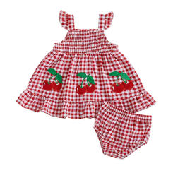 Summer Outfit Clothes Baby Girl Plaid Cherry Sleeveless Tunic T-Shirt Top and Shorts Bloomers Set
