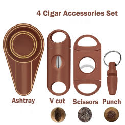 Brown 4 Cigar Set Cigar Cutter Pocket Ashtray V-Cut Sharp Puro Scissors Guillotine Punch Knife Gadget Cuba Cigar Accessories