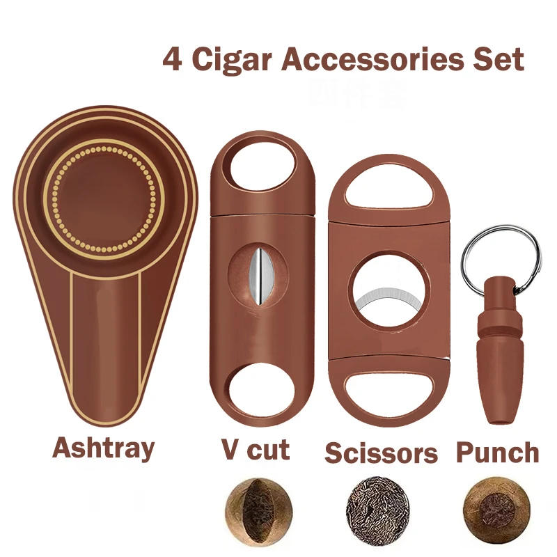 Description Picture 3 of itemBrown 4 Cigar Set Cigar Cutter Pocket Ashtray V-Cut Sharp Puro Scissors Guillotine Punch Knife Gadget Cuba Cigar Accessories