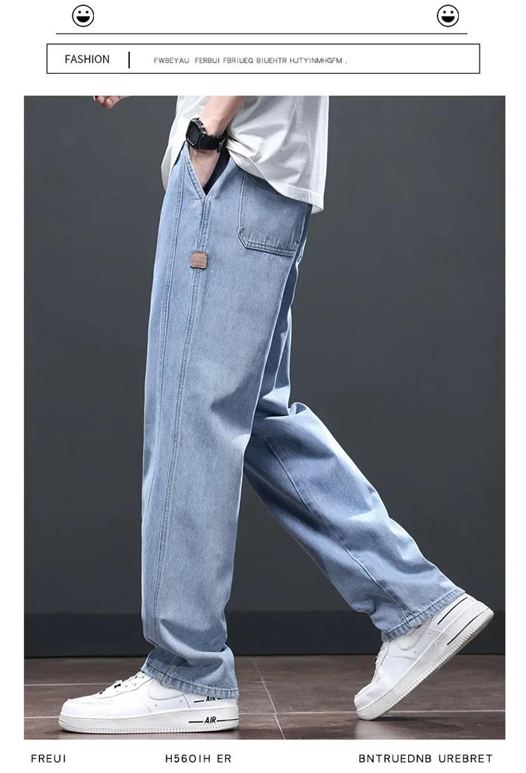 Description Picture 5 of item2024 New Lace Elastic Waist Jeans Men Loose Thin Material Wide Legged Mens Pants Light Blue Straight Leg Male Clothing