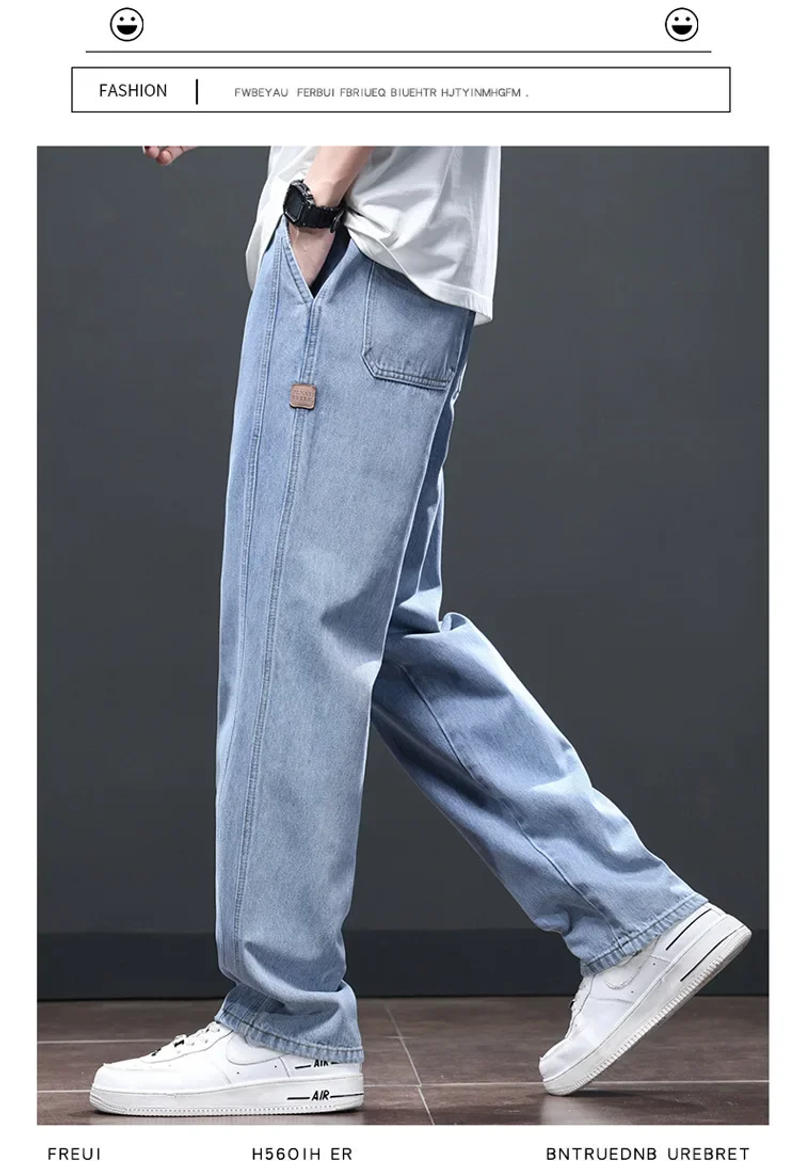 Description Picture 5 of item2024 New Lace Elastic Waist Jeans Men Loose Thin Material Wide Legged Mens Pants Light Blue Straight Leg Male Clothing