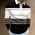 Mens Business Striped Polo Shirt Spring Autumn Long-Sleeved Zipper Turn Down Collar T-Shirt Fashion Outwork Fit Slim Tee Shirt