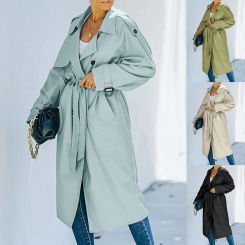 2024 Women´s Double Breasted Long Trench Coat, Classic Lapel Long Sleeve Windproof Overcoat with Belt
