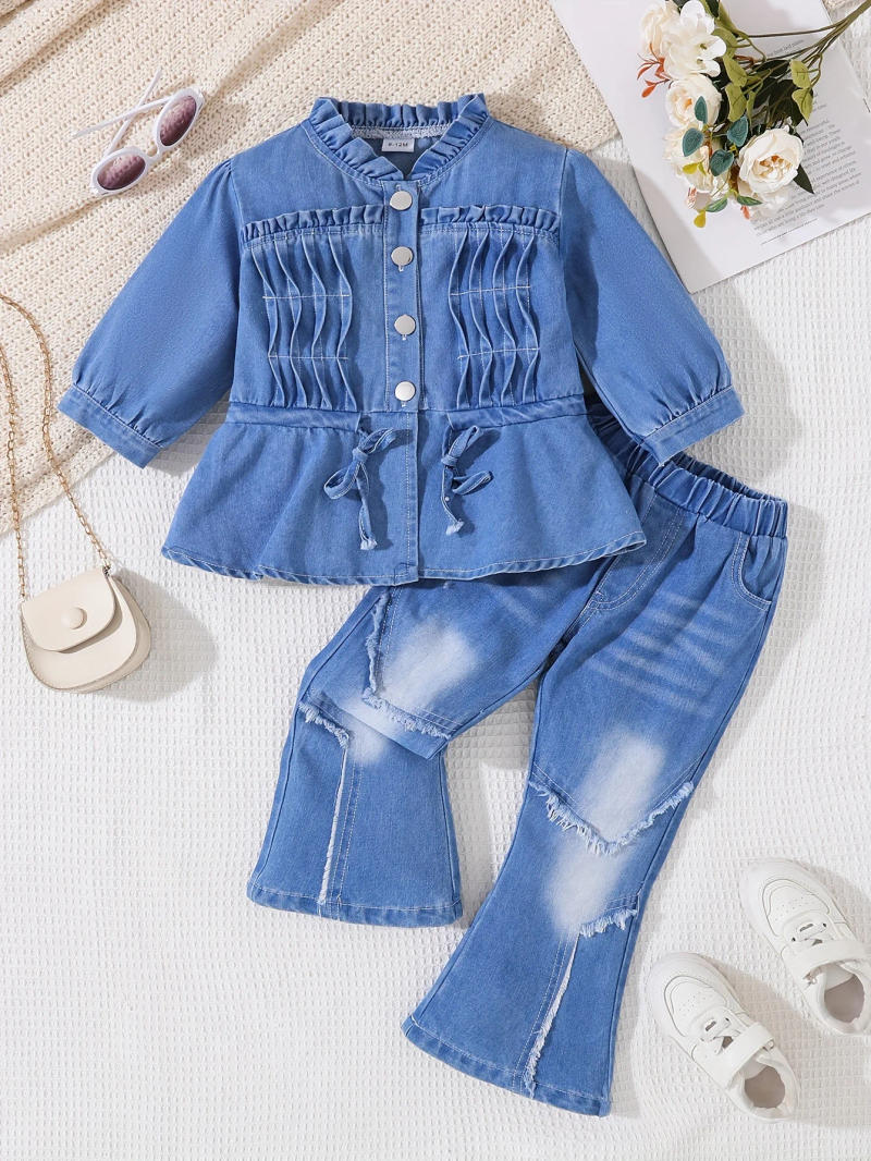 Description Picture 2 of itemSpring And Autumn Fashion Baby Girl Denim Set: Stand-Up Collar Waist-Shaped Drawstring Denim Jacket + Casual Washed Jeans