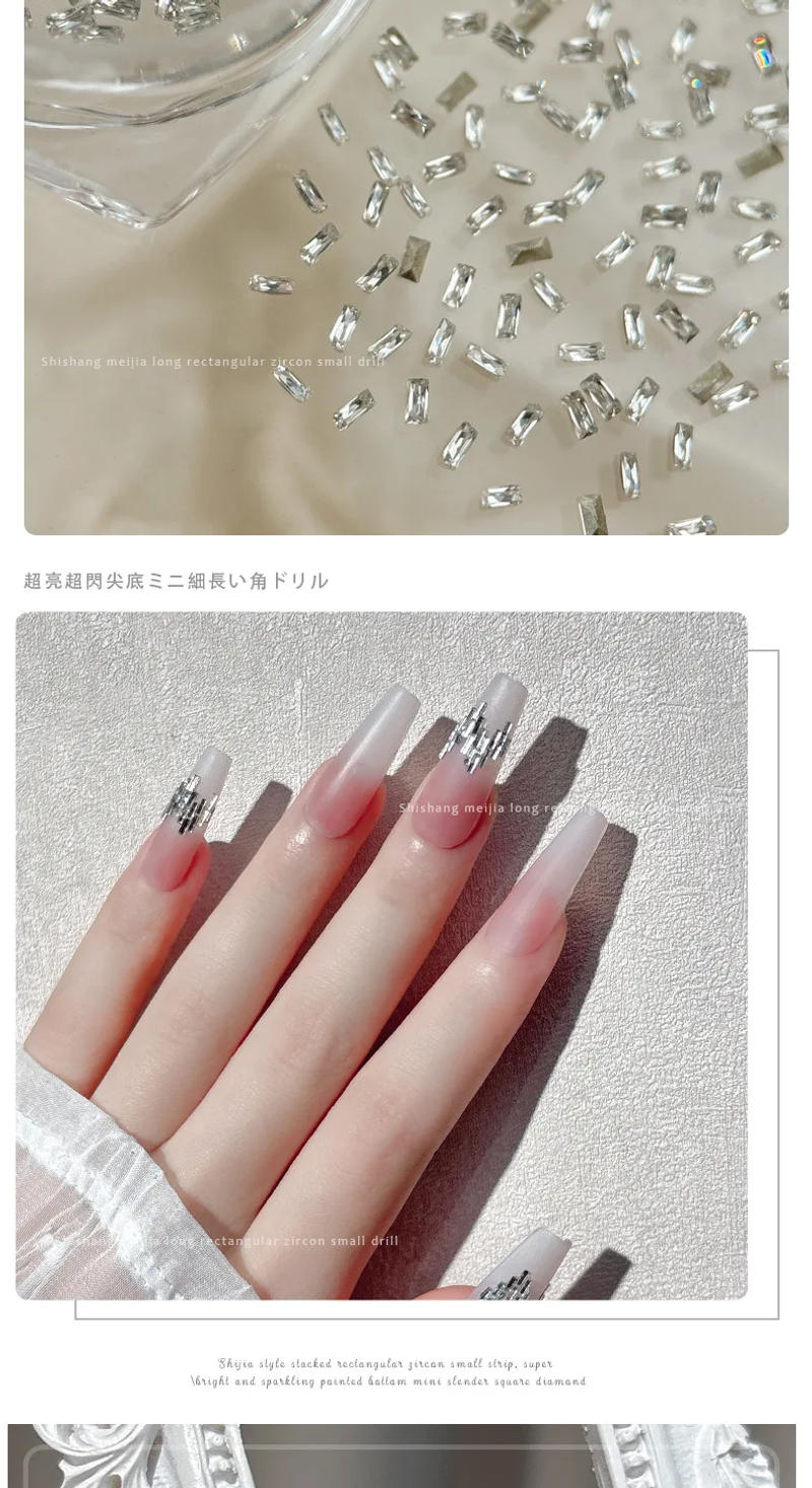 Description Picture 5 of item100PCS Reflective Sparkle 5A Mini Zircon Thin Rectangle White Diamonds Strip Nail Art Rhinestones Decorations Manicure Charms