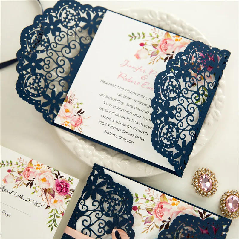 Description Picture 5 of item50 Pieces Laser Cut Floral Navy Wedding Invitation Card, Personalized Print Quinceanera Pearly Invitations With RSVP Card IC146
