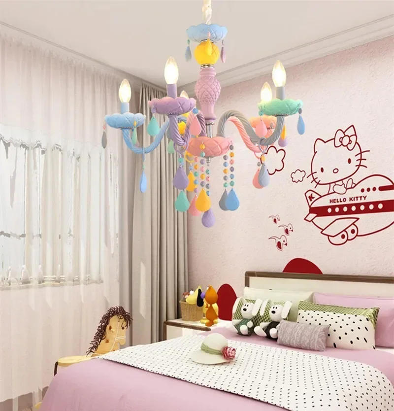 Description Picture 2 of itemModern Macaron Colorful Crystal Chandelier Rainbow Candle Lustres American Girl Princess Children Room Luminaire Light Fixtures