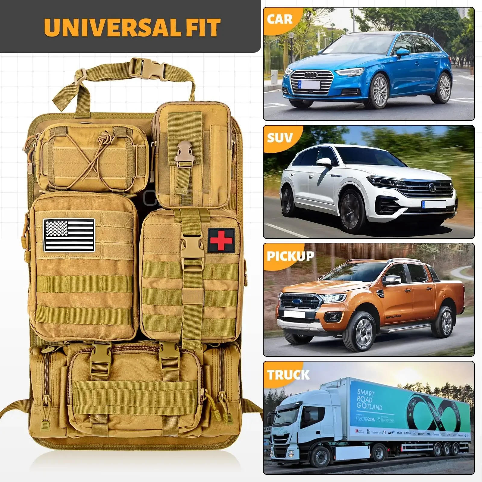 Description Picture 6 of itemMolle Car Seat Back Organizer Tactical Seat Back Organizer with 5 Molle Pouches Universal Vehicle Panel Organizer Storage Bag