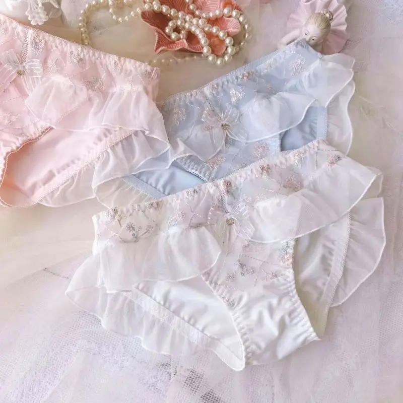 Description Picture 3 of itemWomen Milk Silk Smooth Soft Flower Embroidery Luxury Advanced Ruffles Underwear Princess Style Cute Lovely Sweety Panties Breifs