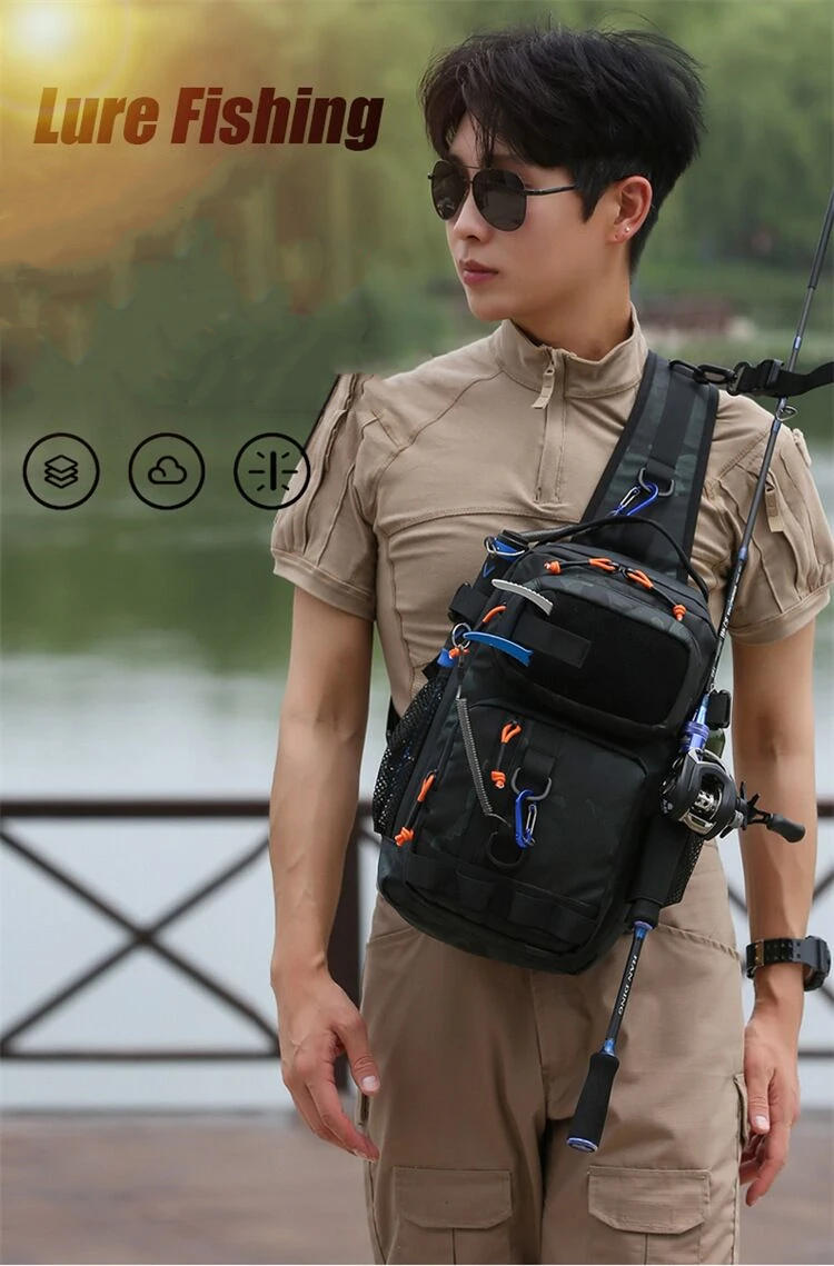 Description Picture 2 of itemNew Fishing Tackle Backpack Lure Box Gear Storage Bag Fanny Pack for Men Fly Fishing Backpack with Rod Holder Sling Shoulder Bag