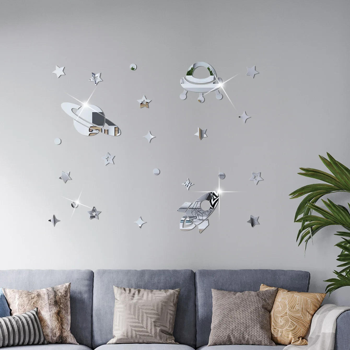 Description Picture 5 of item33pcs Planet Shape Mirror Wall Stickers 3D Acrylic Universe Stars Wall Decal Self-Adhesive For Kids Room Bedroom Home Decor