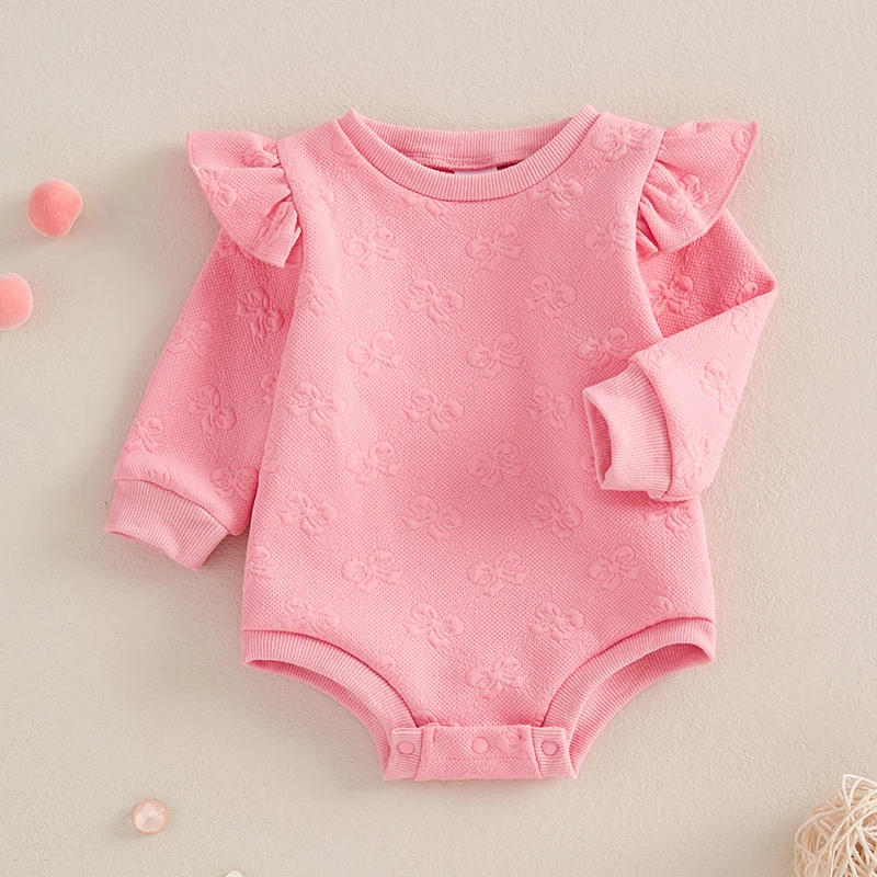 Description Picture 4 of itemBaby Girl Sweatshirt Romper Bow Jacquard Ruffle Trim Crew Neck Long Sleeve Jumpsuit for Winter Fall