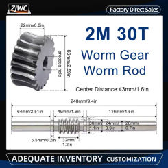 1pcs 2 Modulus 30 Teeth Reducer Worm Gear Process Hole And 2M Worm Rod Transmission Ratio 1:30 45# Steel For CNC Parts