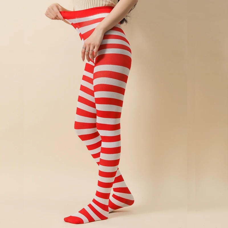 Description Picture 6 of itemWomen High Waist Striped Pantyhose Christmas Halloween Costume Tights Cosplay Accessory Red and White Strip Leggings