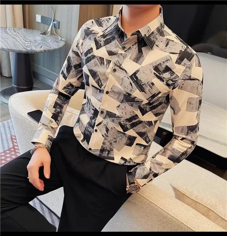 Description Picture 5 of itemFashion Print Shirt for Men High-quality Slim Casual Business Formal Dress Shirts  Social Party Men Clothing 2024 Spring/Summer