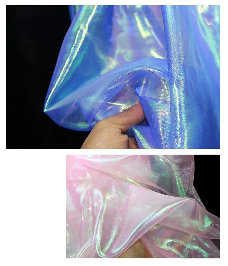 Description Picture 5 of item150cm*50cm designer Fluorescent Fabrics Colorful Shiny Gauze Fabric Stage Wedding Decor Voile Transparent Holographic Fabric