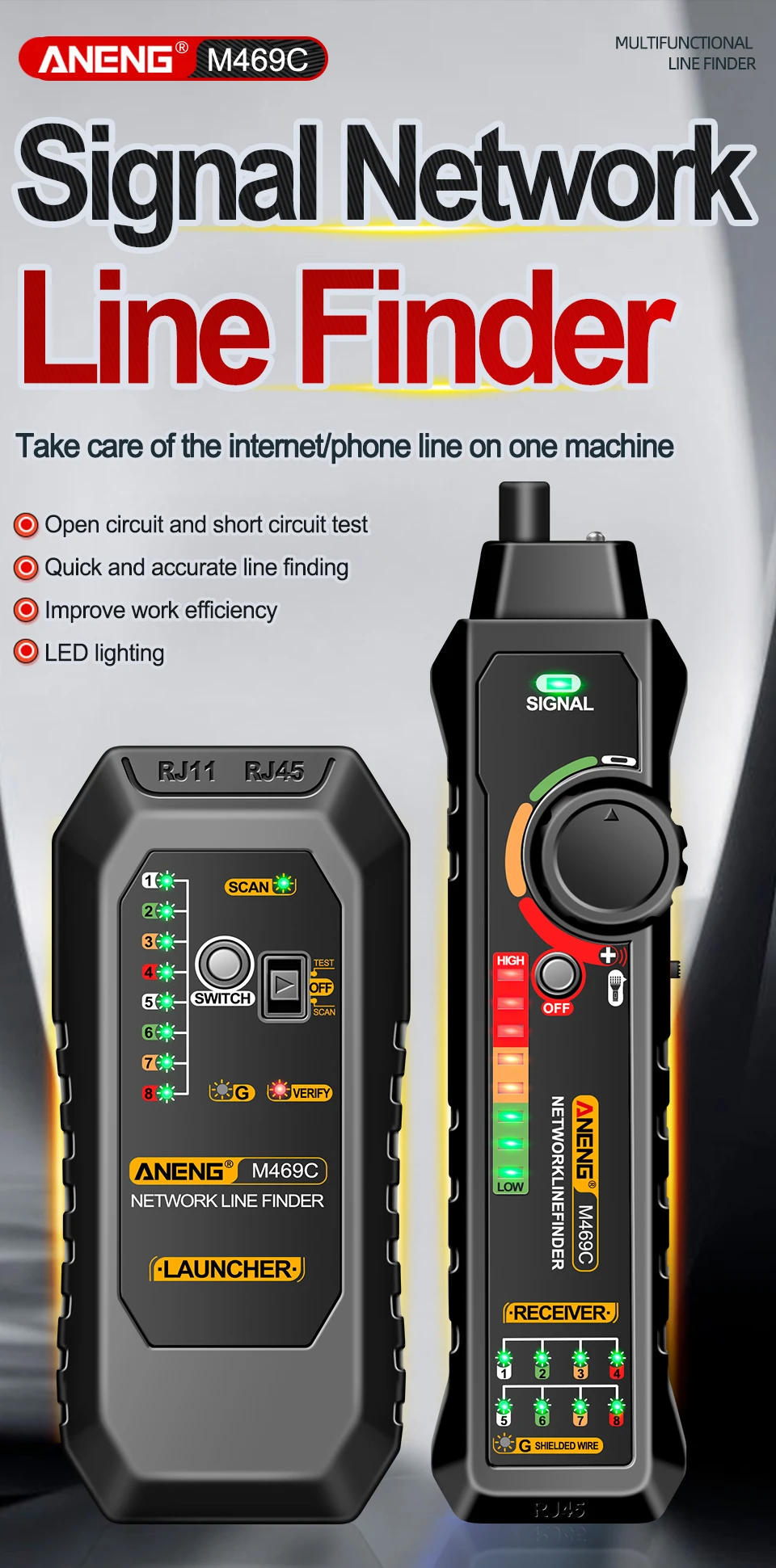 Description Picture 3 of itemANENG M469C Multifunction Network Cable Finder Networking Tool RJ45 RJ11 LAN Cable Tester Trace Measure Network Repair Analyzers