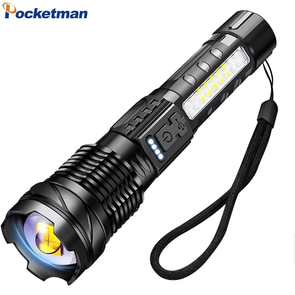 Description Picture 2 of item2 PCS Super Powerful Rechargeable Flashlight High Lumen Torch with Side Light for Outdoor Camping Fishing Hunting Climbing