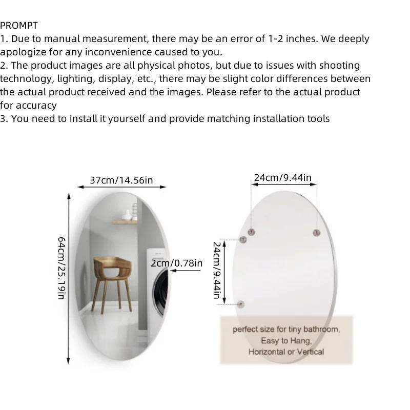 Description Picture 6 of item1pc, frameless inclined wall mounted bathroom mirror, high-definition makeup mirror, circular mirror