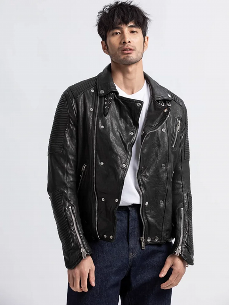 Description Picture 6 of itemItalian Designer Men Moto Biker Genuine Leather Jacket Pleated Slim Fit Zip Real Sheepskin Coat Autumn Windproof Riding Jacket