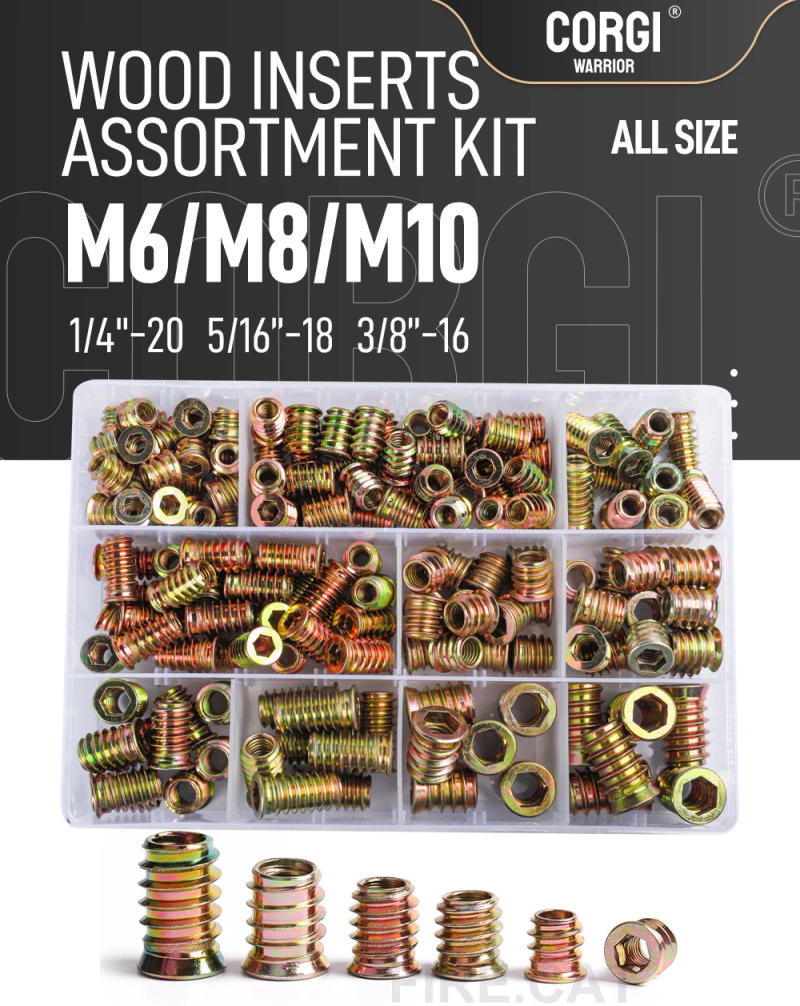Description Picture 2 of itemThreaded Inserts 40-170 1/4-20 5/16-18 3/8-16 M6 M8 M10 Pieces Wood Insert Nut Steel Assortment Kit for Woodwork Furniture Screw