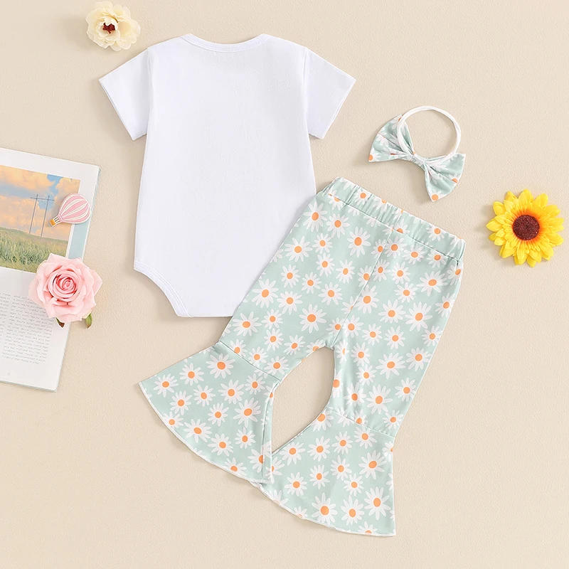 Description Picture 3 of itemBaby Girl Casual Set Short Sleeve Romper with Daisy Pattern Flare Pants and Headband 3 Pcs Outfit