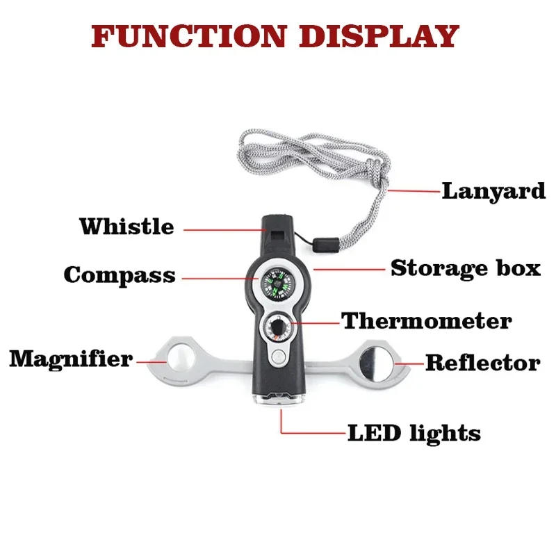 Description Picture 3 of item7 in 1 Whistle Outdoor Survival Emergency Tools Multifunctional LED Light Camping Hiking Whistle Compass Thermometer Magnifier