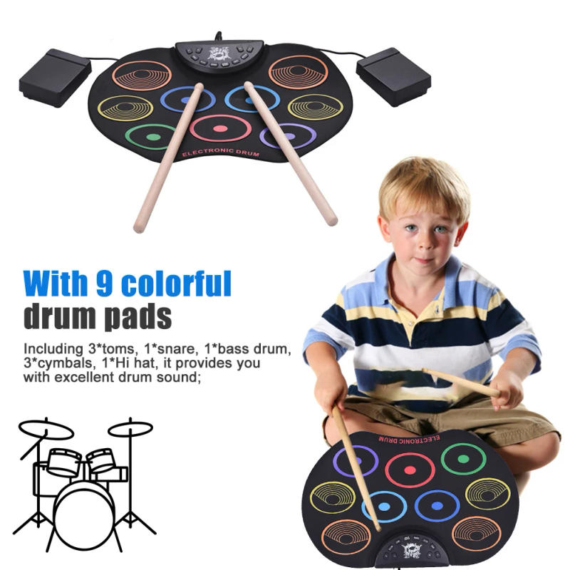 Description Picture 6 of item9 Drum Pads Electronic Drum Set with Drum Sticks/Pedals USB Roll Up Drum Set Headphone Jack for Kids Teens and Adults Beginner