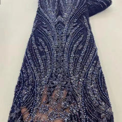 Navy Blue Sequin Luxury Beads Lace African 2024 High Quality 5 Yards Handmade Sequins Fabric Nigeria For Evening Party Dress