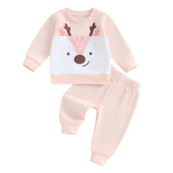 Baby Pants Set Cartoon Deer Long Sleeve Crew Neck Sweatshirt with Elastic Waist Sweatpants Christmas Outfit for Girls Boys