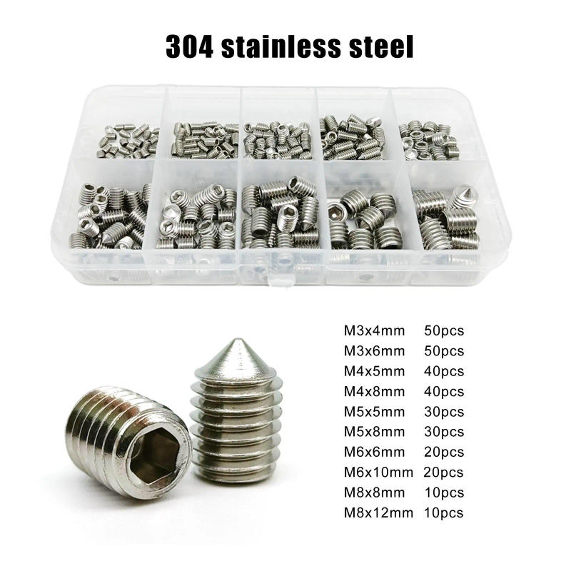 Description Picture 4 of item300pcs/box Mix M3 to M8 10 sizes Kit Hex Socket Tapered End Grub Bolt Cone Point Set Screw 304 Stainless Black Grade 12.9 Steel