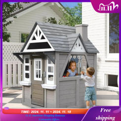 Kids Playhouse, Indoor and Outdoor Playset, Cedar Modern Gray Wooden Play House for Kids Ages 4-8, Kitchen with Spatulas