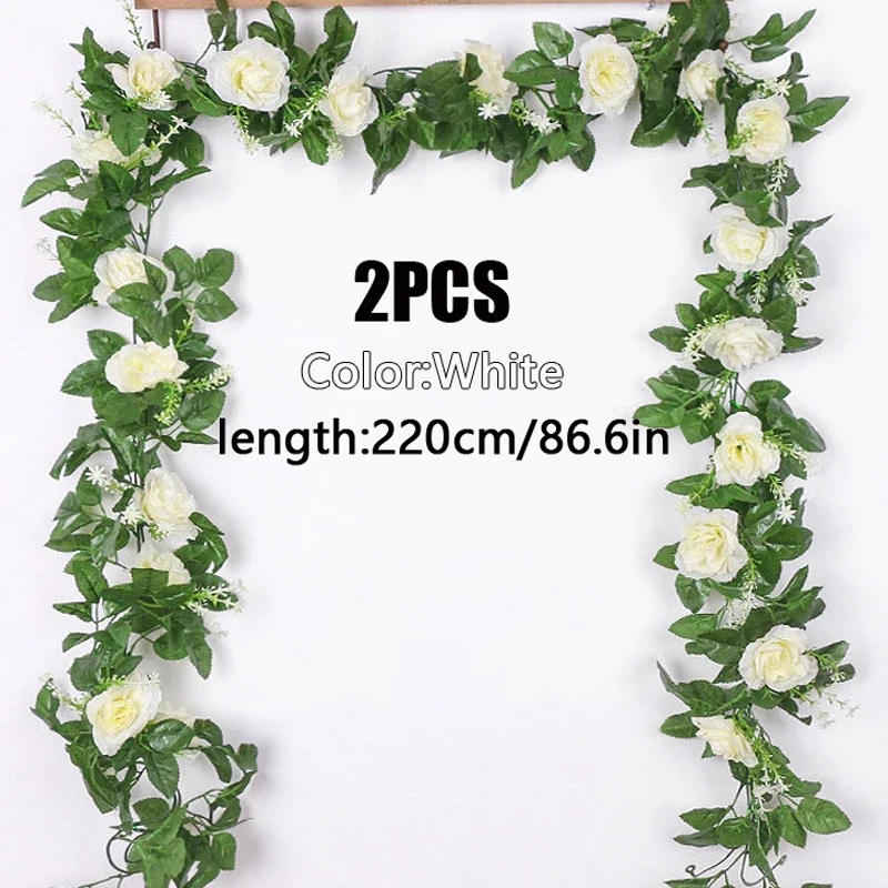 Description Picture 2 of item2Pcs Artificial White Flower Fake Rose Hanging 2.2M Vines Plants Leaves Artificials Garland Flowers Wedding Party Decoration