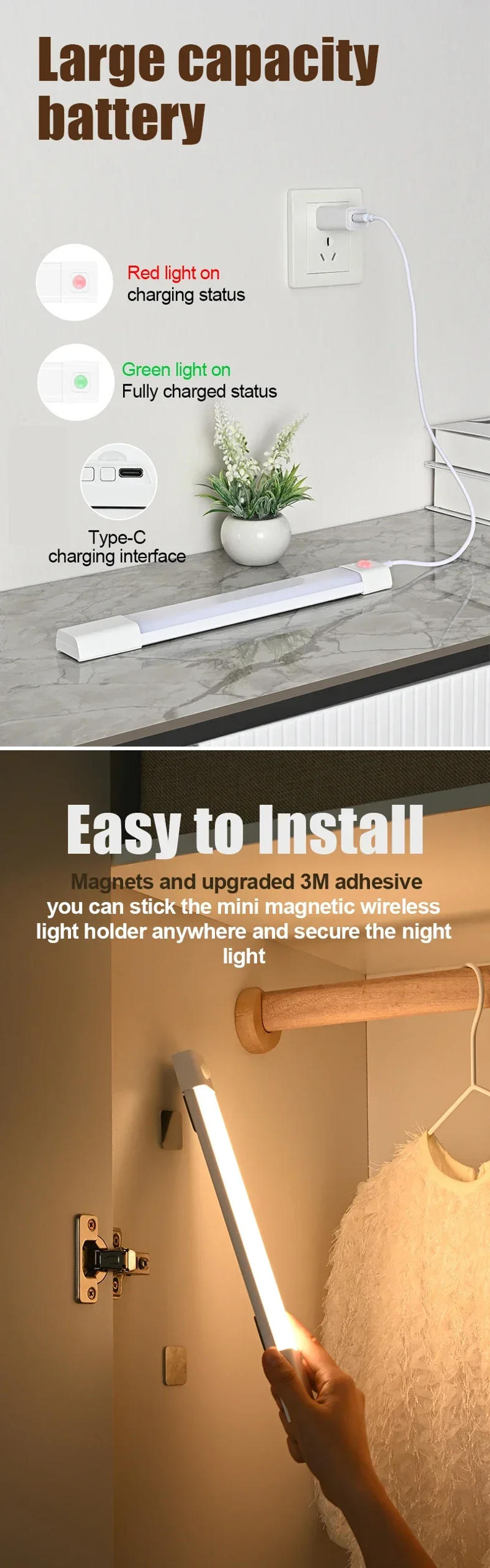 Description Picture 5 of item3-in-1 LED Night Light Motion Sensor Under Cabinet Lights Wireless USB Rechargeable Lamp Dimmable Lamps Kitchen Staircase Wardro