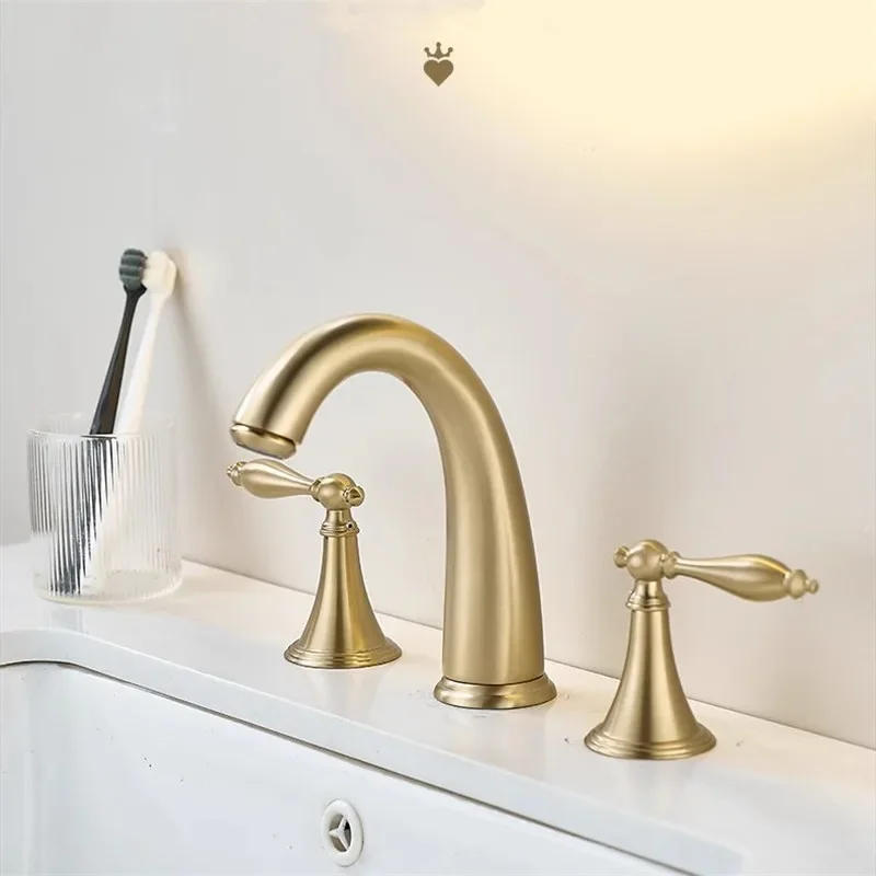 Description Picture 2 of itemBrushed Gold Bathroom Faucet Total Brass  Basin Widespread Sink 3 Hole Hot And Cold Waterfall Water Tap