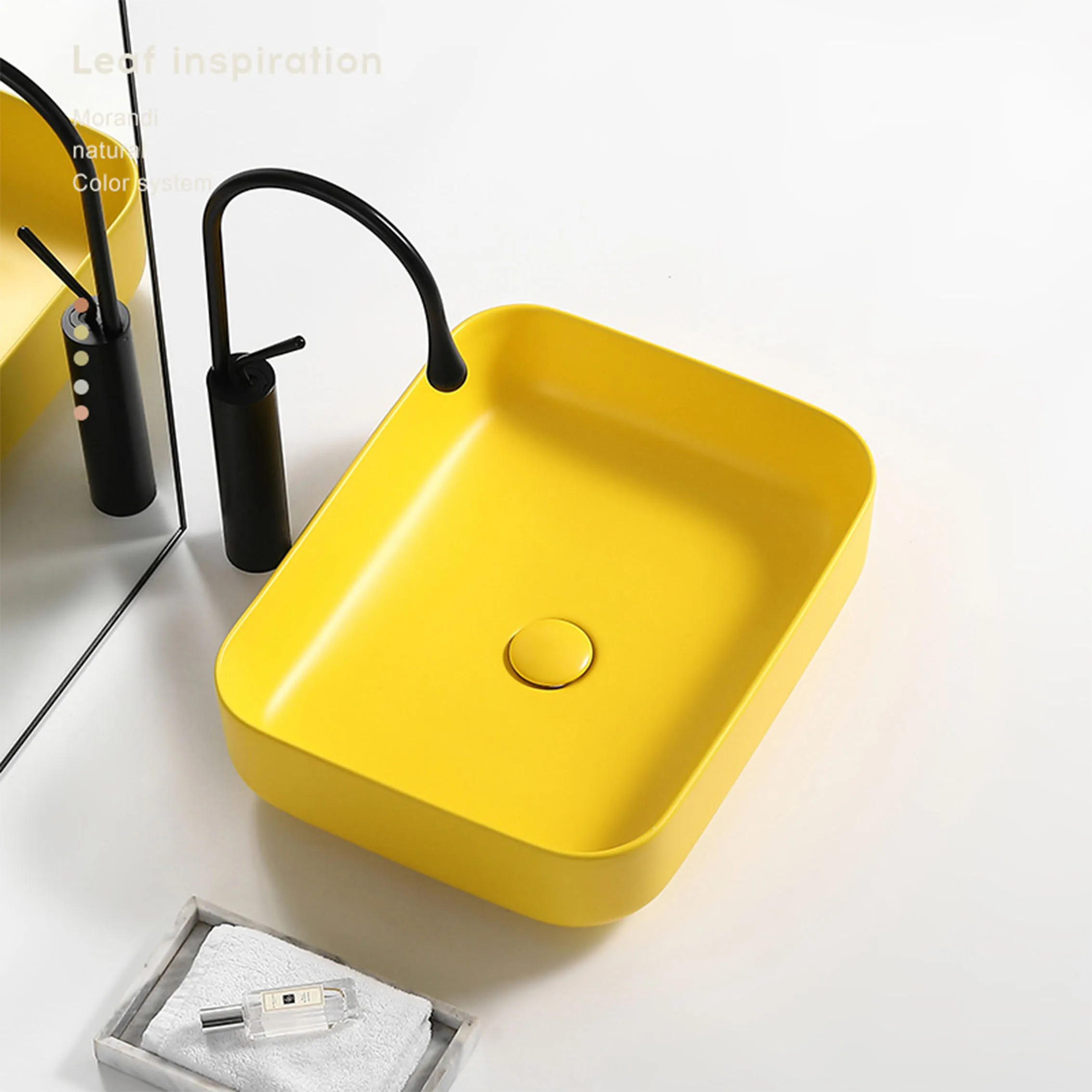 Description Picture 2 of itemCeramic Washroom Bathroom Sinks 9L Matte Yellow Basin Creative Countertop Wash Pool With Drainer Sets Faucet 50*40*14cm