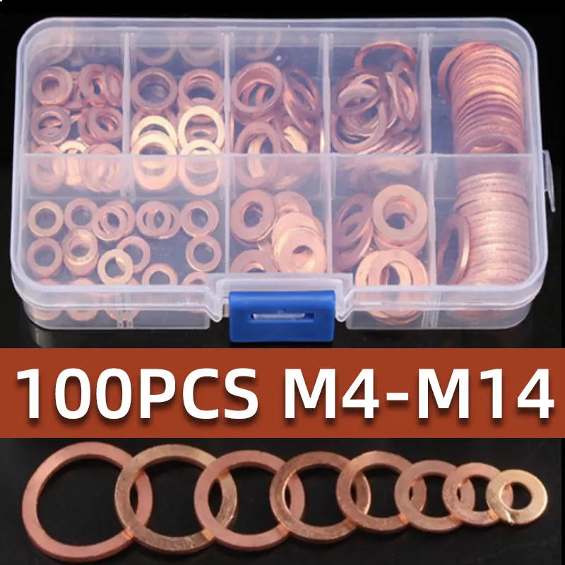 Description Picture 2 of itemTbelix 100PCS Set Copper Washer Gasket Nut and Bolt Set Flat Ring Seal Assortment Kit with Box M4 M8 M10 M12 M14 for Sump Plugs