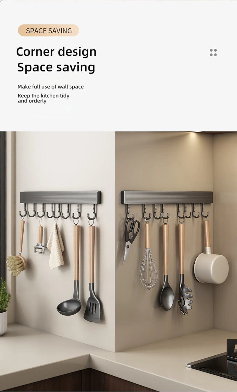 Description Picture 5 of item20-60cm Kitchen Multifunctional Wall Mounted Aluminum Rack Hooks Sturdy and Durable Kitchen & Bathroom Storage Rack