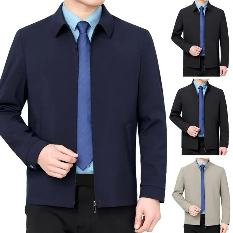 Description Picture 2 of itemMen Outerwear Stylish Men's Lapel Collar Business Jacket with Zipper Closure Slim Fit Solid Color Coat for Casual Formal Wear